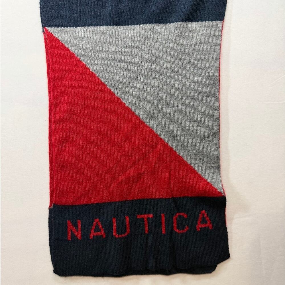 Nautica Colorblock Knit Scarf Navy Grey Red Spell Out Logo